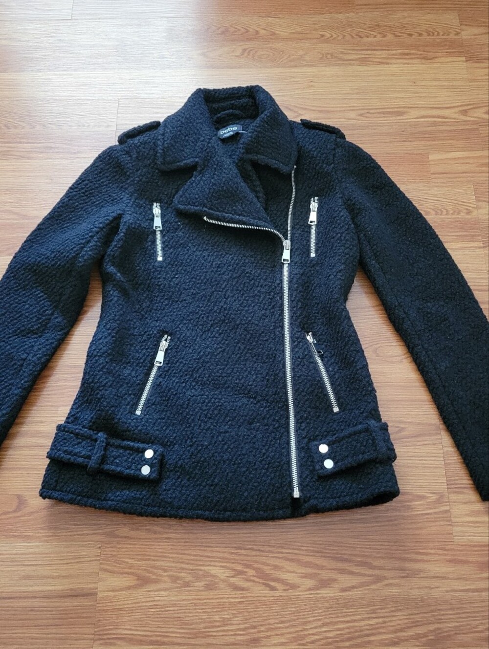 bebe Black Teddy Moto Wool Jacket with Silver Hardware